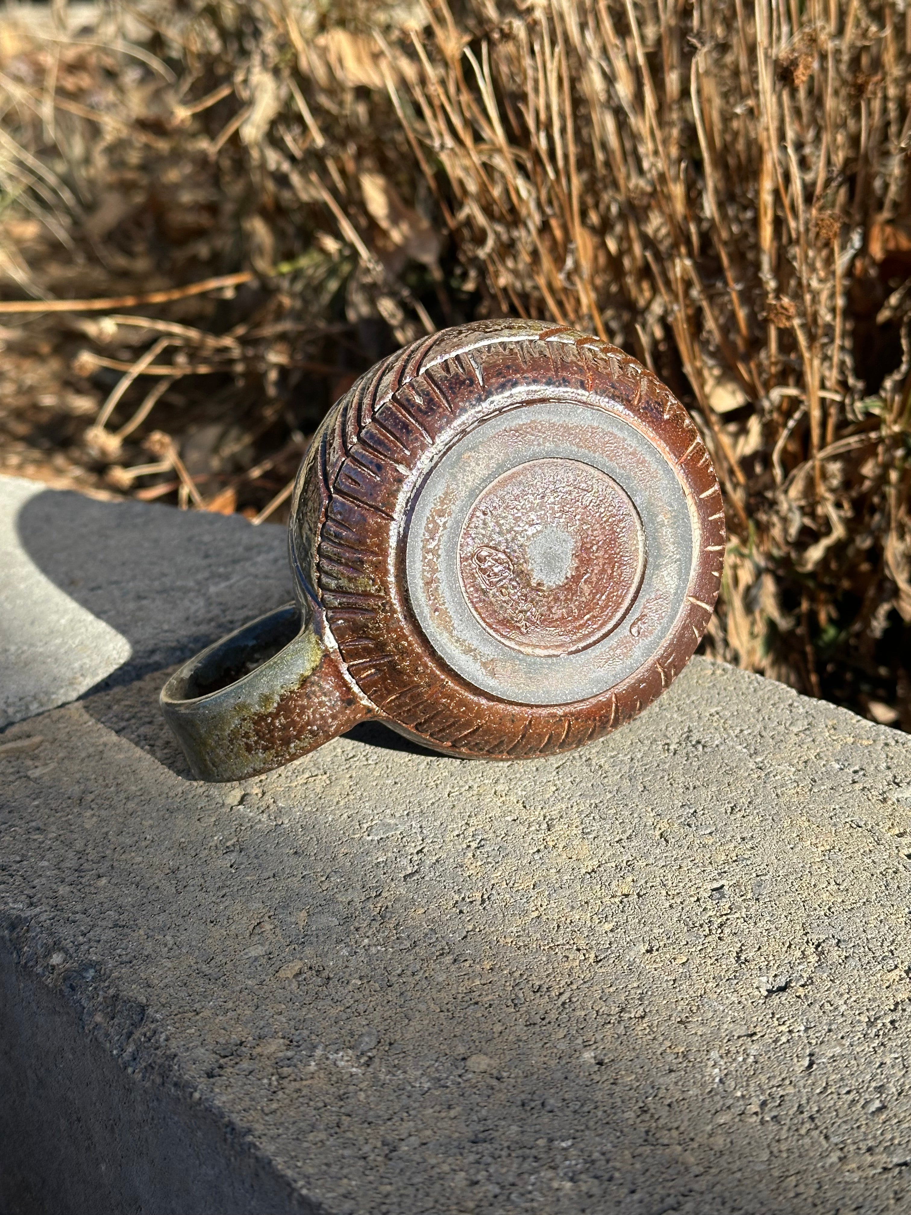 Soda fired mug, carved - 12 oz