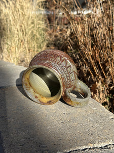 Soda fired mug, carved - 12 oz