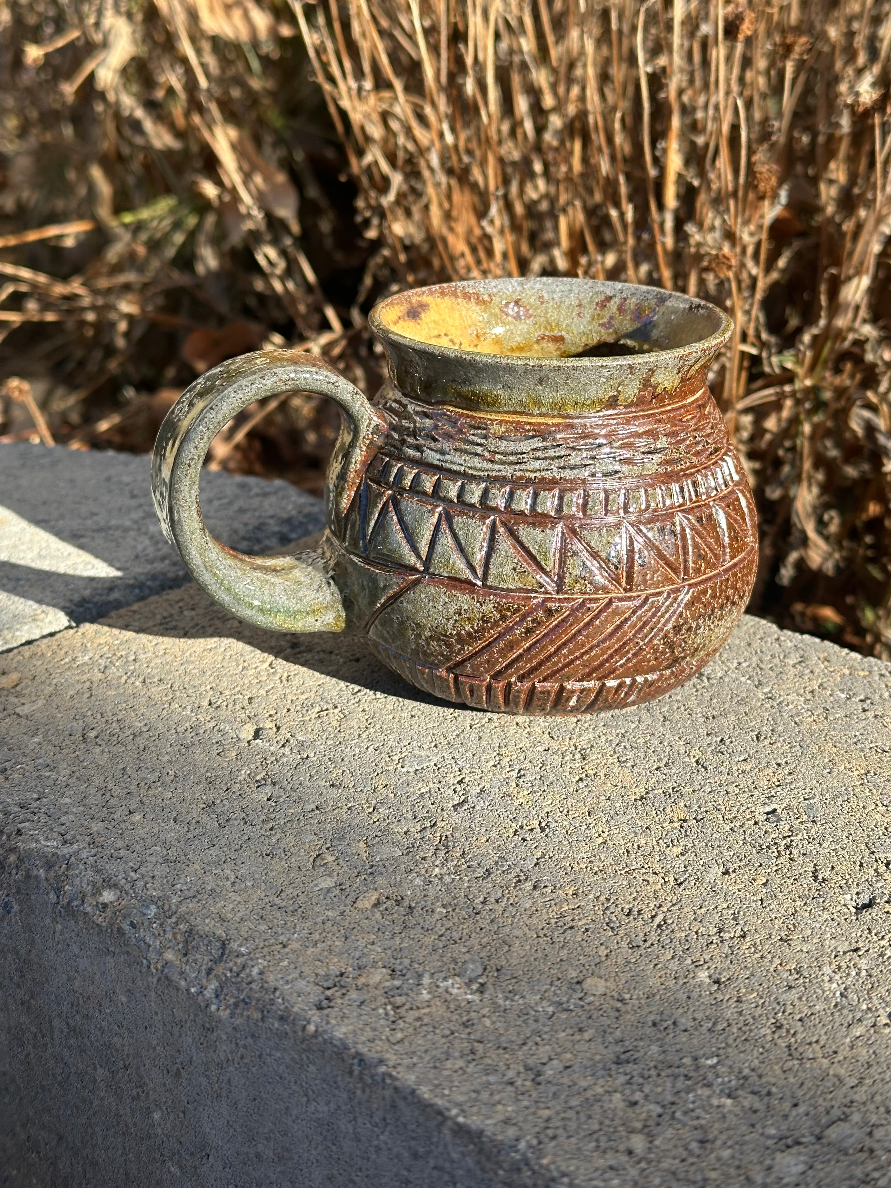 Soda fired mug, carved - 12 oz